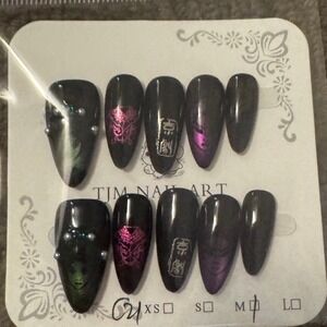 Press On Nails Black‎ Iridescent Drama Design Pearl Accent False Nail Set